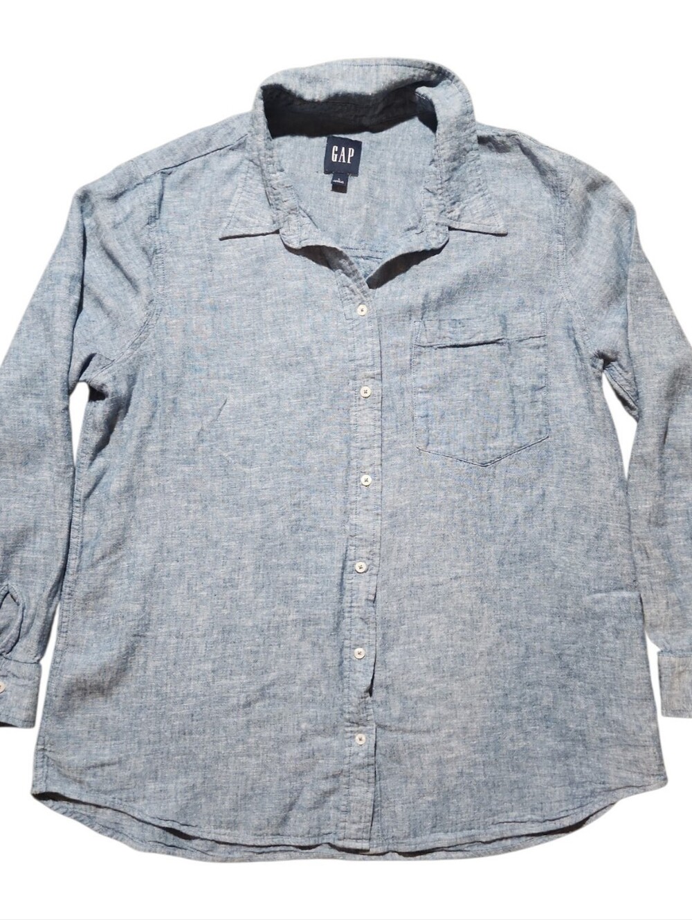 GAP Blue Linen Blend Button Down Shirt Long Sleeve Chambray Coastal Top Large